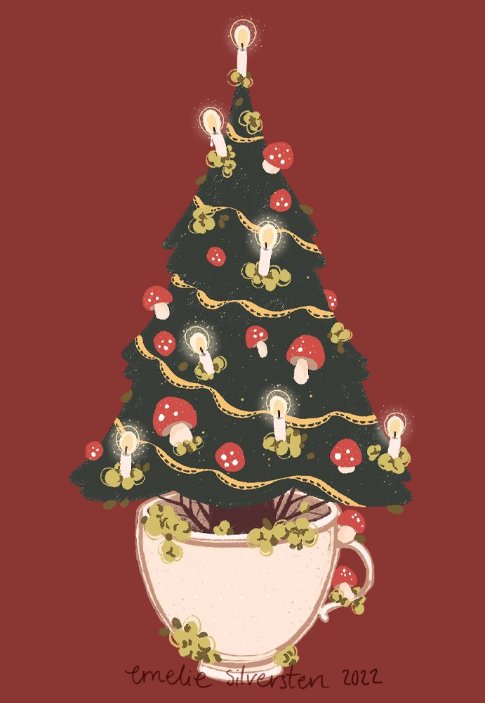 Julkort design - julgran i en kopp