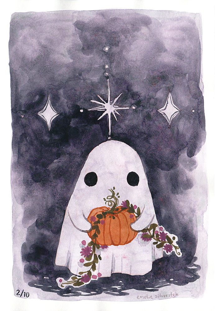 Litet spöke av akvarell och färgpennor